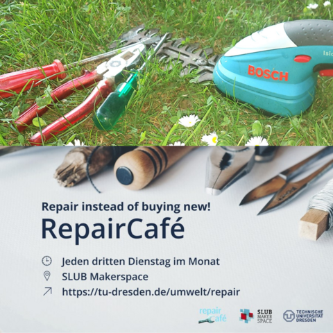 Ankündigungsgrafik des Repaircafe. Oben ein Bild mit verschiedenen Gartengeräten und Werkzeug. Unten ein Bild mit Werkzeugen. 