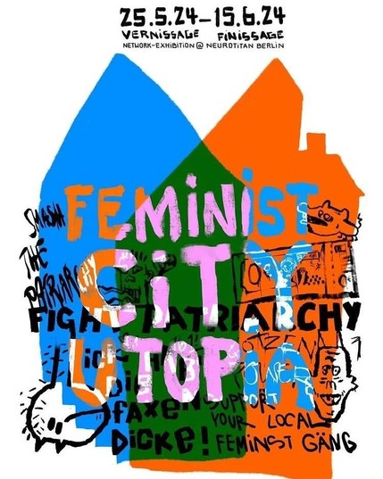 Ausstellungscover mit zwei großen überlappenden Haussilhouetten und darauf den Schriftzug FEMINIST CITY UTOPIA und verschiedene feministische Slogans wie 