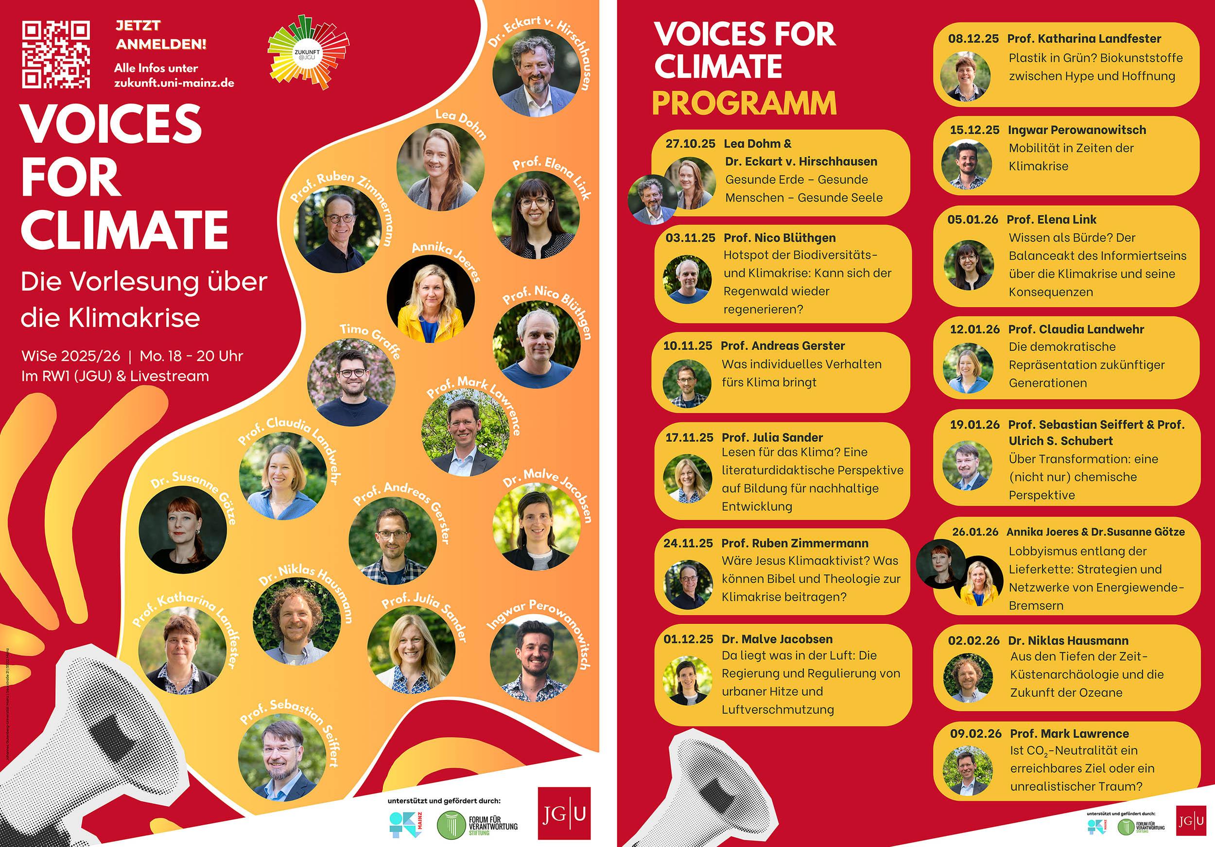 Veranstaltungsplakat zur Vorlesungsreihe VOICES FOR CLIMATE im Wintersemester 2025/2026 an der Johannes Gutenberg-Universität Mainz