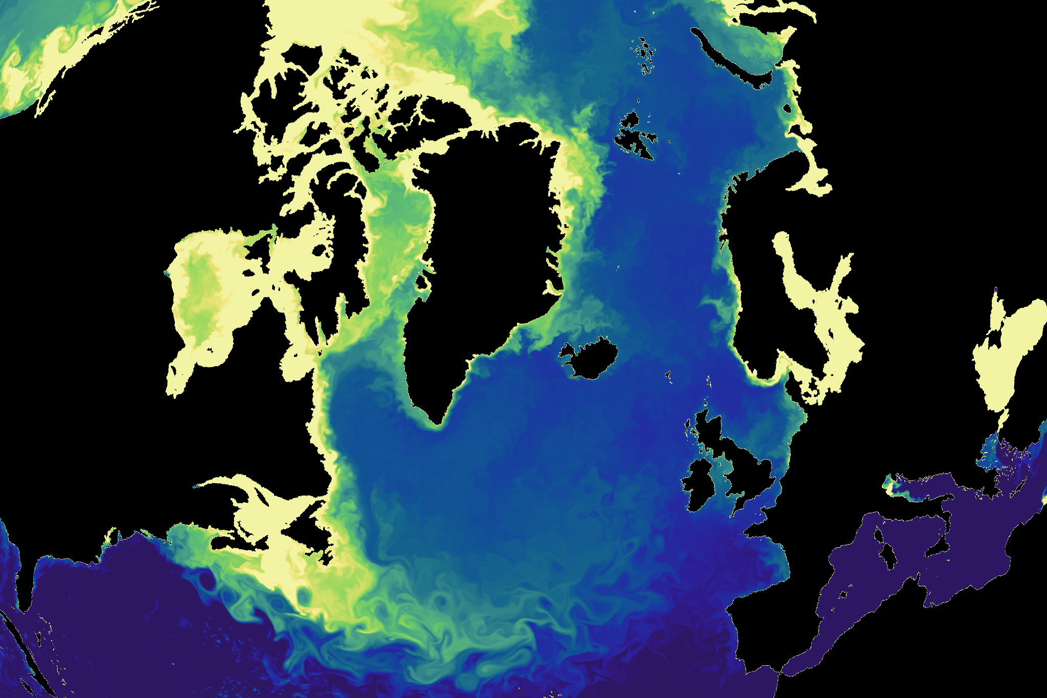 Map of the North Atlantic. Continents are shown in black, while the ocean uses a colormap from yellow to blue indicating salinity. Around the coasts, salinity is higher as indicated by yellow-to-green colors. Small eddies in the ocean are made visible by <br />the difference in salinity as well.