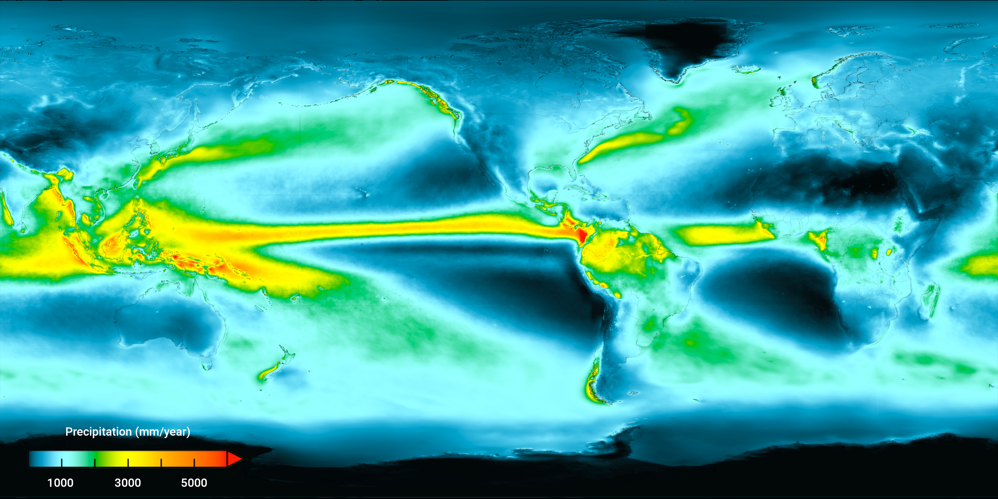 The map of the world in the graphic shows precipitation in different colors, ranging from blue (0 mm/year) to red (more than 6000 mm/year). The colors transition from blue to green to yellow, orange, and finally red, with each color representing a different precipitation level. The scale on the map shows distances of 1000 mm/year.